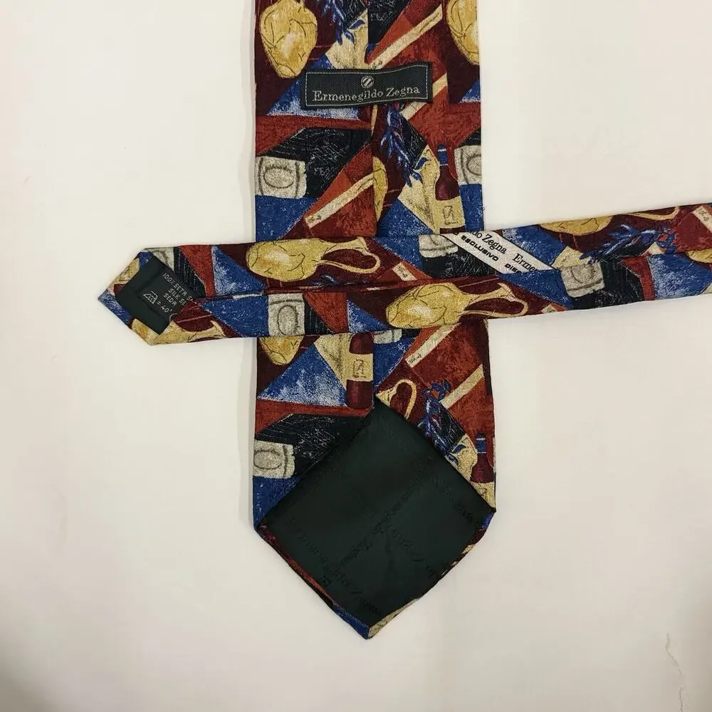 Ermenegildo Zegna Mens Silk Tie Wine Amphora Abstract Art Red Blue Gold Italy